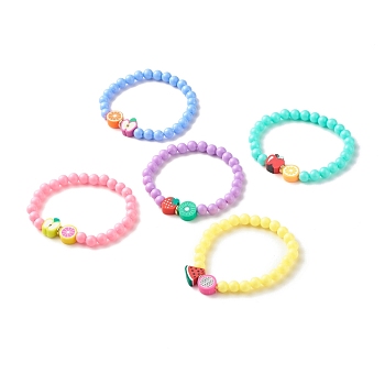 Handmade Polymer Clay Fruit Stretch Bracelet with Round Beads for Kids, Mixed Color, Inner Diameter: 1-7/8 inch(4.8cm)