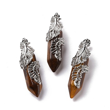 Natural Tiger Eye Pendants, with Platinum Tone Brass Findings, Cadmium Free & Lead Free, Double Terminal Pointed Bullet with Feather, 45~47.5x14~14.5x13~14mm, Hole: 8x5mm