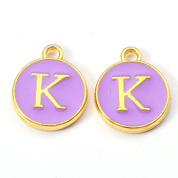 Golden Plated Alloy Enamel Charms, Enamelled Sequins, Flat Round with Letter, Medium Purple, Letter.K, 14x12x2mm, Hole: 1.5mm