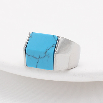 Rectangle Synthetic Turquoise Finger Ring, Stainless Steel Color Titanium Steel Jewelry, Stainless Steel Color, Inner Diameter: 18.2mm