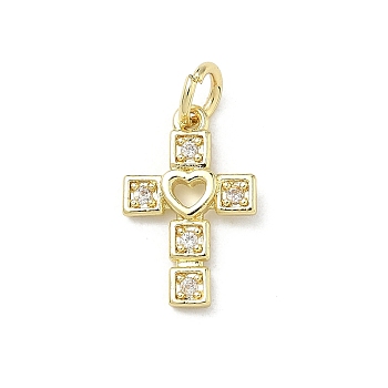 Brass Micro Pave Clear Cubic Zirconia Pendants, Cross with Heart Charms, Real 16K Gold Plated, 15x9.5x2mm, Jump Ring: 5x0.8mm, Inner Diameter: 3.5mm