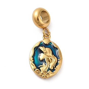 Ion Plating(IP) 304 Stainless Steel Dodger Blue Enamel European Dangle Charms, Large Hole Pendants, Oval with Fishtail & Mermaid Pattern, Golden, 28mm, Pendant: 18x12x3mm, Hole: 4.5mm