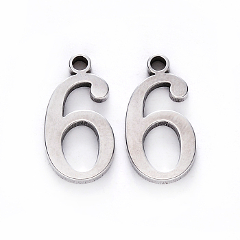 201 Stainless Steel Charms, Number, Laser Cut, Stainless Steel Color, Num.6, 15x8x1.5mm, Hole: 1.5mm