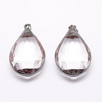 Faceted Glass Big Pendants, with Brass Finding, teardrop, Gunmetal, 51x30x15mm, Hole: 5x8mm