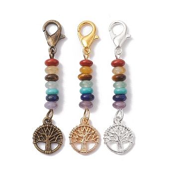 3Pcs Tree of Life Alloy Pendant Decorations, Natural & Synthetic Mixed Gemstone Beads and Lobster Claw Clasps Charms, Mixed Color, 43mm, Tree: 12.5x10x1.5mm