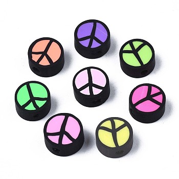 Handmade Polymer Clay Beads, Flat Round with Peace Sign, Mixed Color, 9~10x4.5mm, Hole: 1.6mm