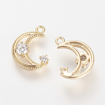 Brass Micro Pave Cubic Zirconia Charms, Nickel Free, Real 18K Gold Plated, Moon, 14x10.5x3mm, Hole: 1.5mm