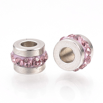 201 Stainless Steel Rhinestone Beads, Column, Light Rose, 7x5mm, Hole: 3mm