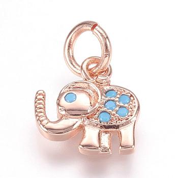 Brass Micro Pave Cubic Zirconia Pendants, Real Rose Gold Plated, Elephant, 9.5x9x2mm, Hole: 3mm