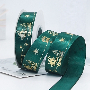 22M Flat Christmas Gift Box Printed Polyester Satin Ribbons, Hot Stamping Ribbons, Teal, 1 inch(25mm), about 24.06 Yards(22m)/Roll