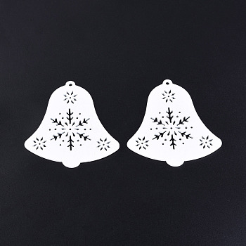 Christmas Theme Spray Painted Wood Big Pendants, Christmas Bell Charm with Hollow Snowflake, White, 66x64.5x2mm, Hole: 3mm