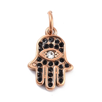 Ion Plating(IP) 304 Stainless Steel Embedded Rhinestone Pendants, with Jet Rhinestone & Jump Ring, Hamsa Hand/Hand of Miriam with Eye, Rose Gold, 16.5x11.5x2mm, Hole: 4mm
