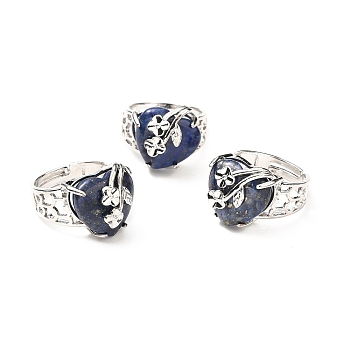 Natural Lapis Lazuli Adjustable Rings, Platinum Tone Heart with Flower Brass Rings for Women, Cadmium Free & Lead Free, US Size 6 3/4(17.1mm), 4.5~9mm