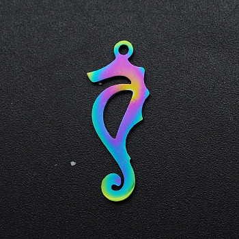 Ion Plating(IP) 201 Stainless Steel Pendants, Laser Cut, Sea Horse, Rainbow Color, 23x9x1mm, Hole: 1.2mm