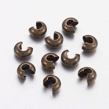 Brass Crimp Beads Covers, Nickel Free, Antique Bronze Color, Size: About 3mm In Diameter, Hole: 1.2~1.5mm