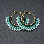 304 Stainless Steel Hoop Earrings, Beaded Hoop Earrings, with Glass Beads, Fan, Golden, Turquoise, 40.5~42x48~48.5x4mm(X-EJEW-O090-I20)