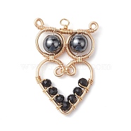 Glass Pendants, with Copper Wire, Owl, Golden, Black, 31~32x21x6.3mm, Hole: 1.7~2.2mm(PALLOY-JF02718-01)