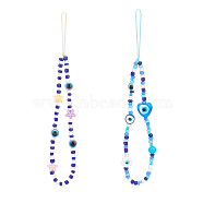 2Pcs 2 Style Evil Eye Glass Beaded Phone Lanyard, Wrist Straps Heart/Star/Flower Beads Mobile Phone Lanyard for Woman Men, Mixed Color, 16.5cm and 17.5cm, 1pc/style(AJEW-OC0004-10)