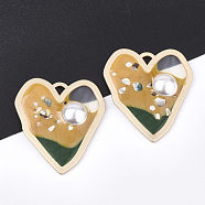 Epoxy Resin Pendants, with ABS Plastic Imitation Pearl and Shell, Alloy Findings and  Enamel, Heart, Goldenrod, 40x34.5x5.5~6mm, Hole: 3x3mm(X-RESI-S365-54D)