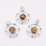Natural Tiger Eye Pendants, with Brass Findings, for Jewish, Flat Round with Star of David, Platinum, 48mm, Hole: 3x9mm, Pendant: 39x35x5~6mm(G-E488-B01-P)