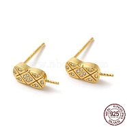 925 Sterling Silver Micro Pave Cubic Zirconia Stud Earring Findings, for Half Drilled Beads, Oval, with S925 Stamp, Real 18K Gold Plated, 12x4.5mm, Pin: 0.9mm and 11x0.9mm(STER-P056-04G)