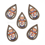 American Flag Theme Single Face Printed Aspen Wood Pendants, Teardrop Charm, Human Pattern, 49.5x31x2.5mm, Hole: 1.6mm(WOOD-G014-01F)