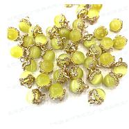 Cat Eye Glass Charms, with Brass Finding, Round, Yellow, 14~15x12~13mm, Hole: 2mm(CE-TAC0001-01KCG-07)