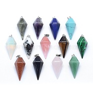Natural & Synthetic Mixed Stone Pointed Pendants, with Brass Findings, Bullet, Platinum, 38.5x16x14.5mm, Hole: 5x8mm(KK-E757-F-P)