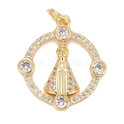Cubic Zirconia Pendants, with Rack Plating Real 18K Gold Plated Brass Findings, with Jump Rings, Long-Lasting Plated, Lead Free & Cadmium Free, Round, Real 18K Gold Plated, 21x18.5x2.5mm, Jump Ring: 4.6x0.8mm, 3mm Inner Diameter(KK-E275-24G)