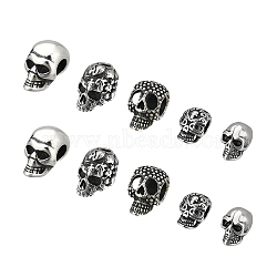 10Pcs 5 Style Retro 304 Stainless Steel European Beads, Large Hole Beads, Skull, Antique Silver, 12~16x8~11x9~13mm, Hole: 4mm, 2pcs/style(STAS-DC0001-86)