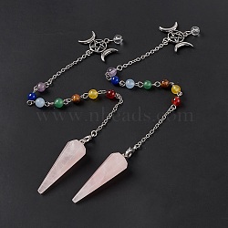 Natural Rose Quartz Hexagonal Pointed Cone Dowsing Pendulum Pendants, with Chakra Gemstone Round Beads, Rack Plating Platinum Tone Brass Triple Goddess Pentagram & Chains, Cadmium Free & Lead Free, 255mm(G-G983-05P-02)