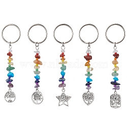 5Pcs 5 Styles Tree of Life Tibetan Style Alloy Pendant Keychains, with Natural Gemstone Chip Beads and Iron Split Key Rings, Mixed Shapes, 10.1~10.5cm, 1pc/style(KEYC-JKC00689-S)