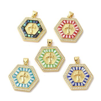 Hexagon with Cross Brass Micro Pave Cubic Zirconia Pendants, with Enamel & Shell, Long-Lasting Plated, Lead Free & Cadmium Free, Real 18K Gold Plated, Mixed Color, 24x24x4mm, Hole: 5x3.5mm