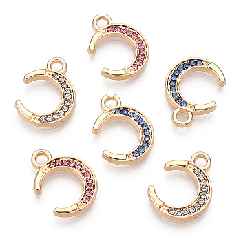 Alloy Pendants, with Rhinestone, Cadmium Free & Nickel Free & Lead Free, Crescent Moon, Light Gold, Mixed Color, 16x12x2mm, Hole: 2mm