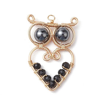 Glass Pendants, with Copper Wire, Owl, Golden, Black, 31~32x21x6.3mm, Hole: 1.7~2.2mm