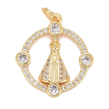 Cubic Zirconia Pendants, with Rack Plating Real 18K Gold Plated Brass Findings, with Jump Rings, Long-Lasting Plated, Lead Free & Cadmium Free, Round, Real 18K Gold Plated, 21x18.5x2.5mm, Jump Ring: 4.6x0.8mm, 3mm Inner Diameter