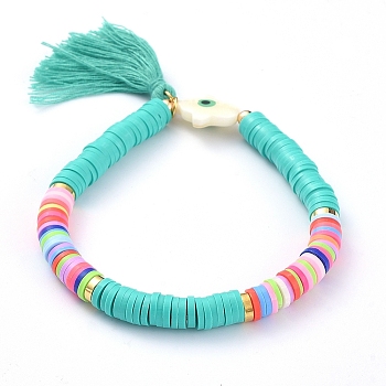 Handmade Polymer Clay Heishi Beads Stretch Bracelets, with Cotton Thread Tassel Pendants and Natural Freshwater Shell Beads, Palm with Evil Eye, Medium Turquoise, 2-1/4 inch(5.8cm)