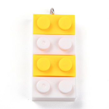 Resin Pendants, with Platinum Iron Loop, Toy Bricks, Yellow, 36x15.5x8mm, Hole: 2.6mm