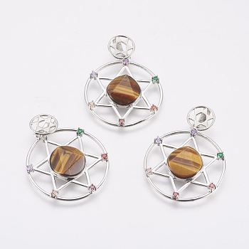 Natural Tiger Eye Pendants, with Brass Findings, for Jewish, Flat Round with Star of David, Platinum, 48mm, Hole: 3x9mm, Pendant: 39x35x5~6mm