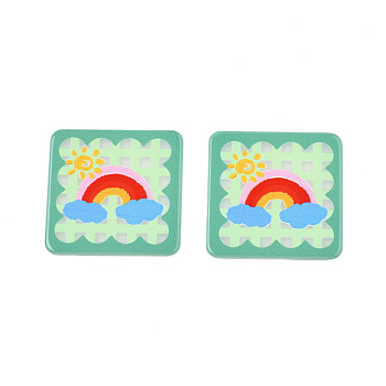 Transparent Printed Acrylic Cabochons, Square with Rainbow, Medium Aquamarine, 33.5x33.5x2mm
