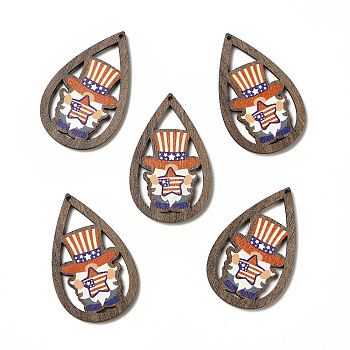 American Flag Theme Single Face Printed Aspen Wood Pendants, Teardrop Charm, Human Pattern, 49.5x31x2.5mm, Hole: 1.6mm