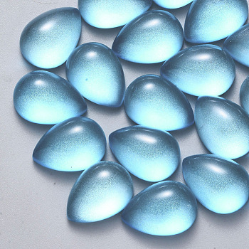 Transparent Spray Painted Glass Cabochons, with Glitter Powder, Teardrop, Deep Sky Blue, 18x13x7mm