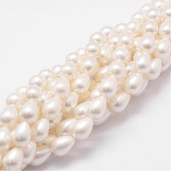 Rainbow Plated Shell Pearl Beads Strands, Grade A, teardrop, White, 9x6mm, Hole: 1mm, about 46pcs/strand, 16 inch