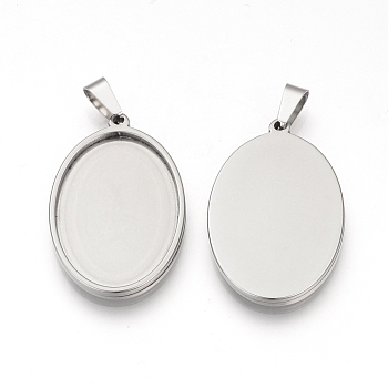 304 Stainless Steel Pendant Cabochon Settings, Oval, Stainless Steel Color, Tray: 35x25mm, 40x27.5x2.5mm, Hole: 8x4mm