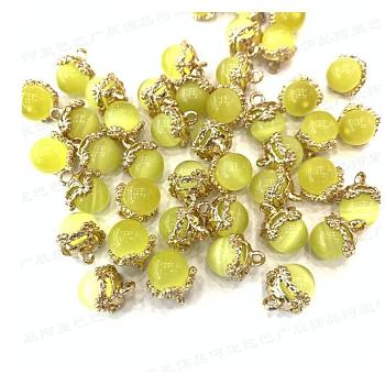Cat Eye Glass Charms, with Brass Finding, Round, Yellow, 14~15x12~13mm, Hole: 2mm