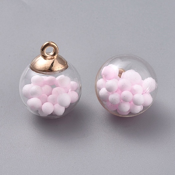 Transparent Glass Globe Pendant, with Glass Beads inside and CCB Plastic Pendant Bails, Round, Golden, Pearl Pink, 21x16mm, Hole: 2mm