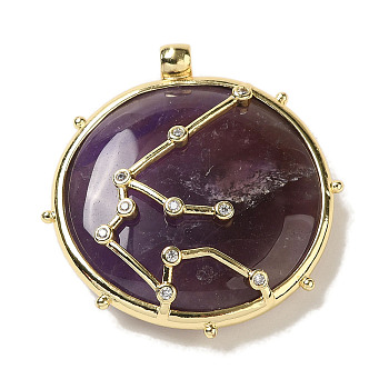 Constellation Natural Amethyst Pendants, Brass Flat Round Charms, Golden, Pisces, 32x30x9mm, Hole: 2mm