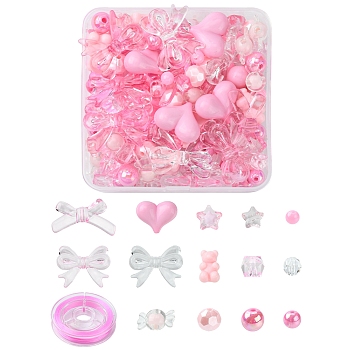 DIY Cute Beaded Stretch Bracelet Making Kit, Including Star & Square & Candy & Heart & Bowknot & Bear & Round Acrylic Beads, Elastic Thread, Pink, Beads: 184Pcs/box
