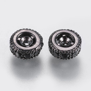 Brass Micro Pave Cubic Zirconia Beads, Flat Round, Black, Gunmetal, 6x2.5mm, Hole: 0.6~0.8mm