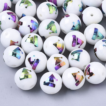 Christmas Opaque Glass Beads, Round with Electroplate Christmas Hat Pattern, Multi-color Plated, 10mm, Hole: 1.2mm